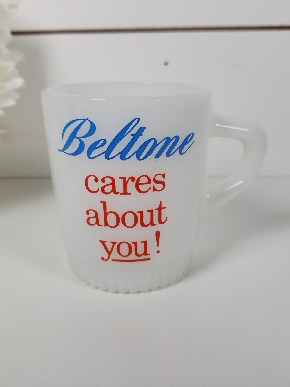 Vintage Fire King Beltone Cares About You Milk Glass Mug | Retro 70s Promotional